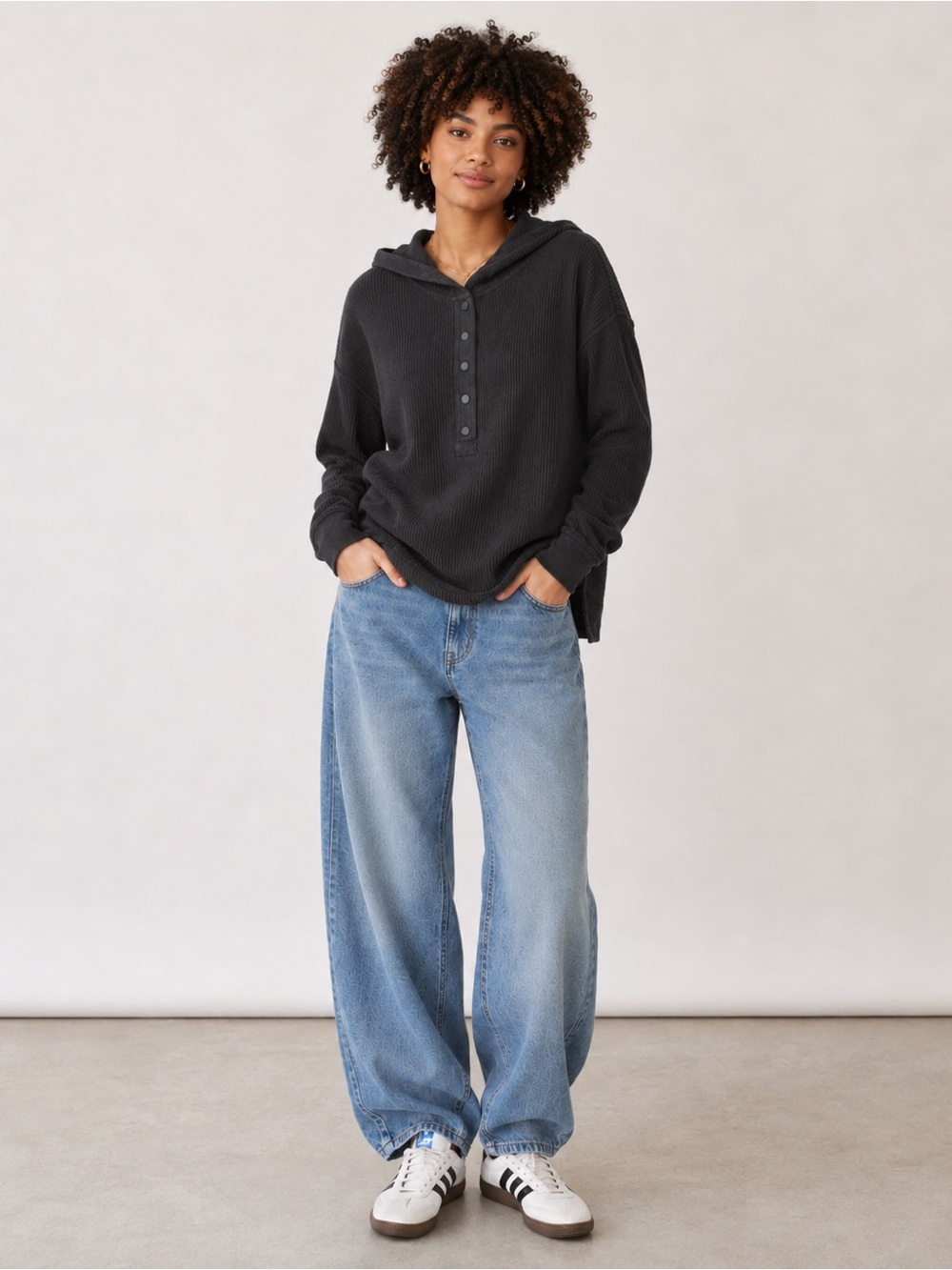 Aerie Textured Henley Hoodie Charcoal Oversized 100% Cotton Size M - Picture 2 of 12